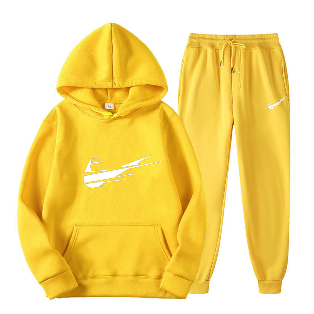 Men's and women's fleece hoodies two piece casual sports suit trendy hooded pullover printed sweatpants