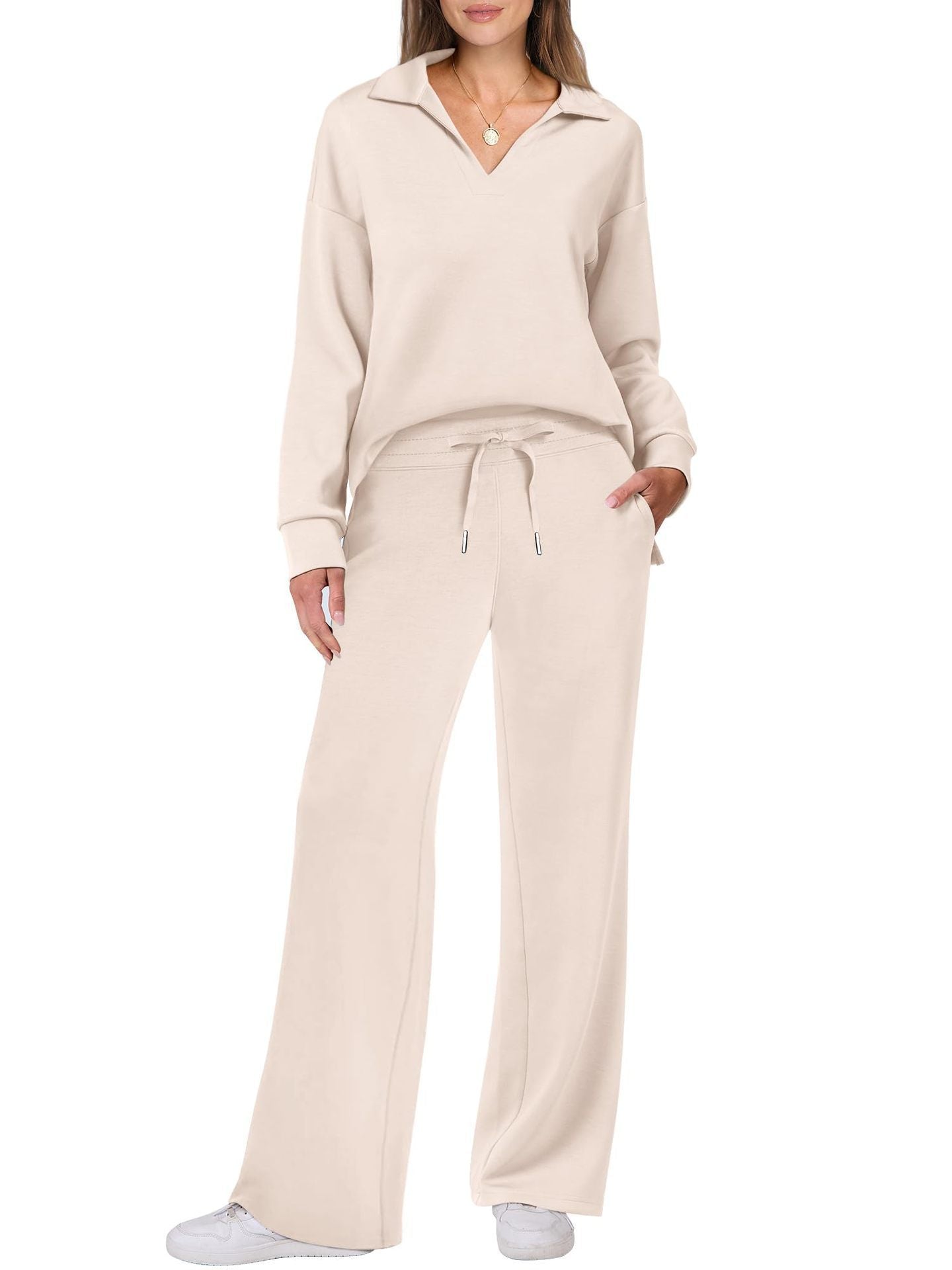 Autumn and winter fashion casual sports suit long-sleeved V-neck sweatshirt wide-leg pants two-piece suit for women