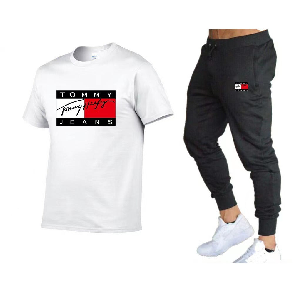 Trendy brand sports cotton T-shirt short sleeved set, running fitness unisex T-shirt set