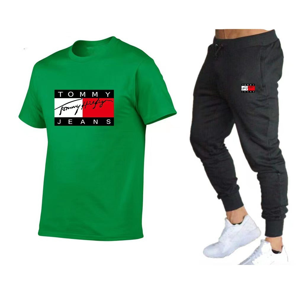 Trendy brand sports cotton T-shirt short sleeved set, running fitness unisex T-shirt set