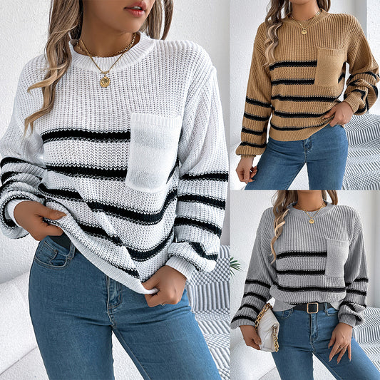 Women's autumn and winter casual contrast striped pocket lantern sleeve pullover sweater