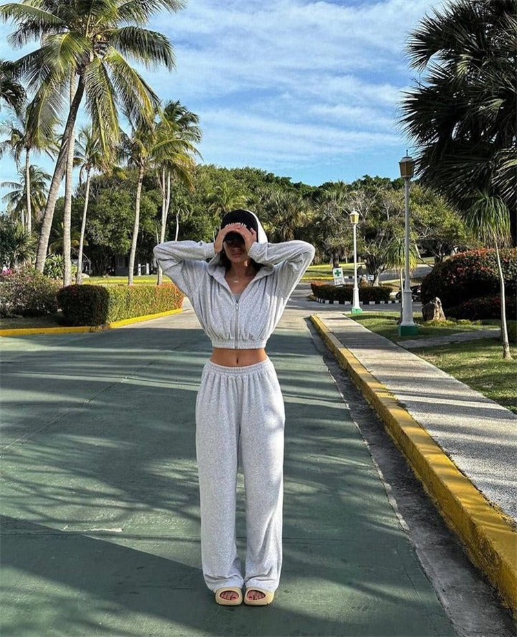 Leisure suit women's European and American street style long sleeved hooded cardigan, elastic long pants two-piece set