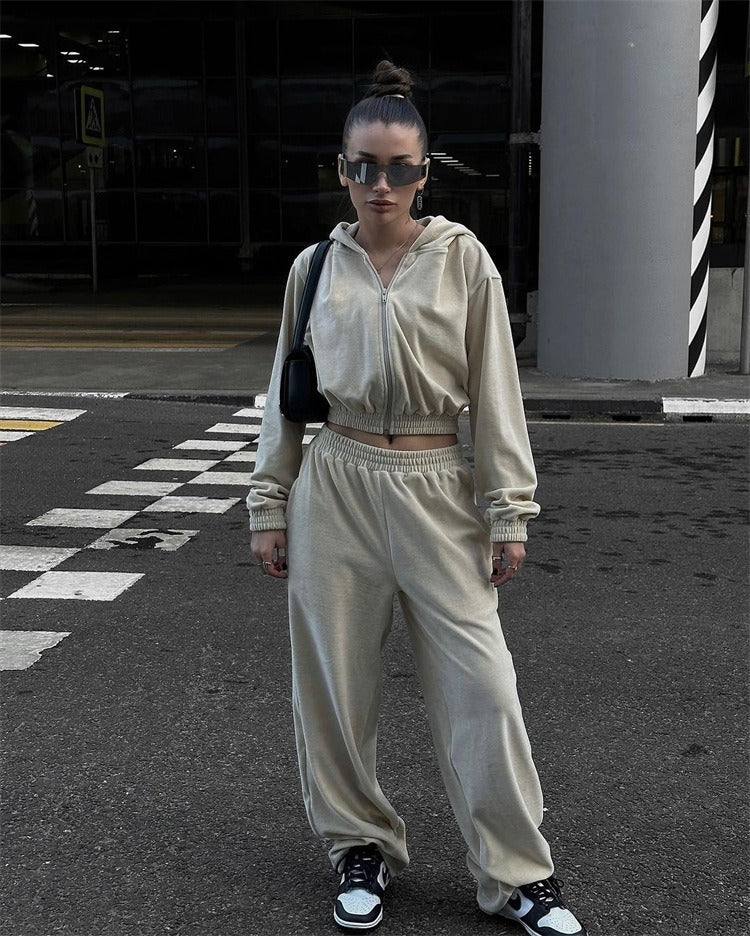 Leisure suit women's European and American street style long sleeved hooded cardigan, elastic long pants two-piece set
