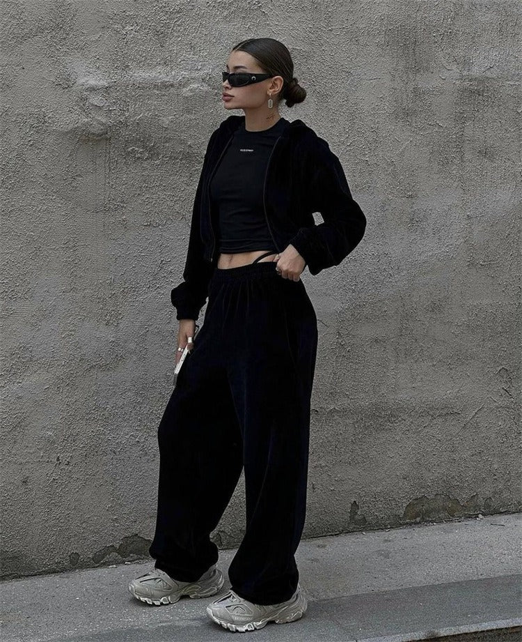 Leisure suit women's European and American street style long sleeved hooded cardigan, elastic long pants two-piece set