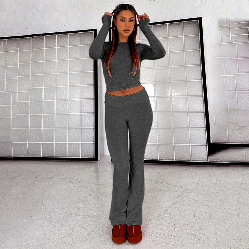 New Fashion Solid Color Comfortable Slimming Low Waist Flare Pants Women's Set