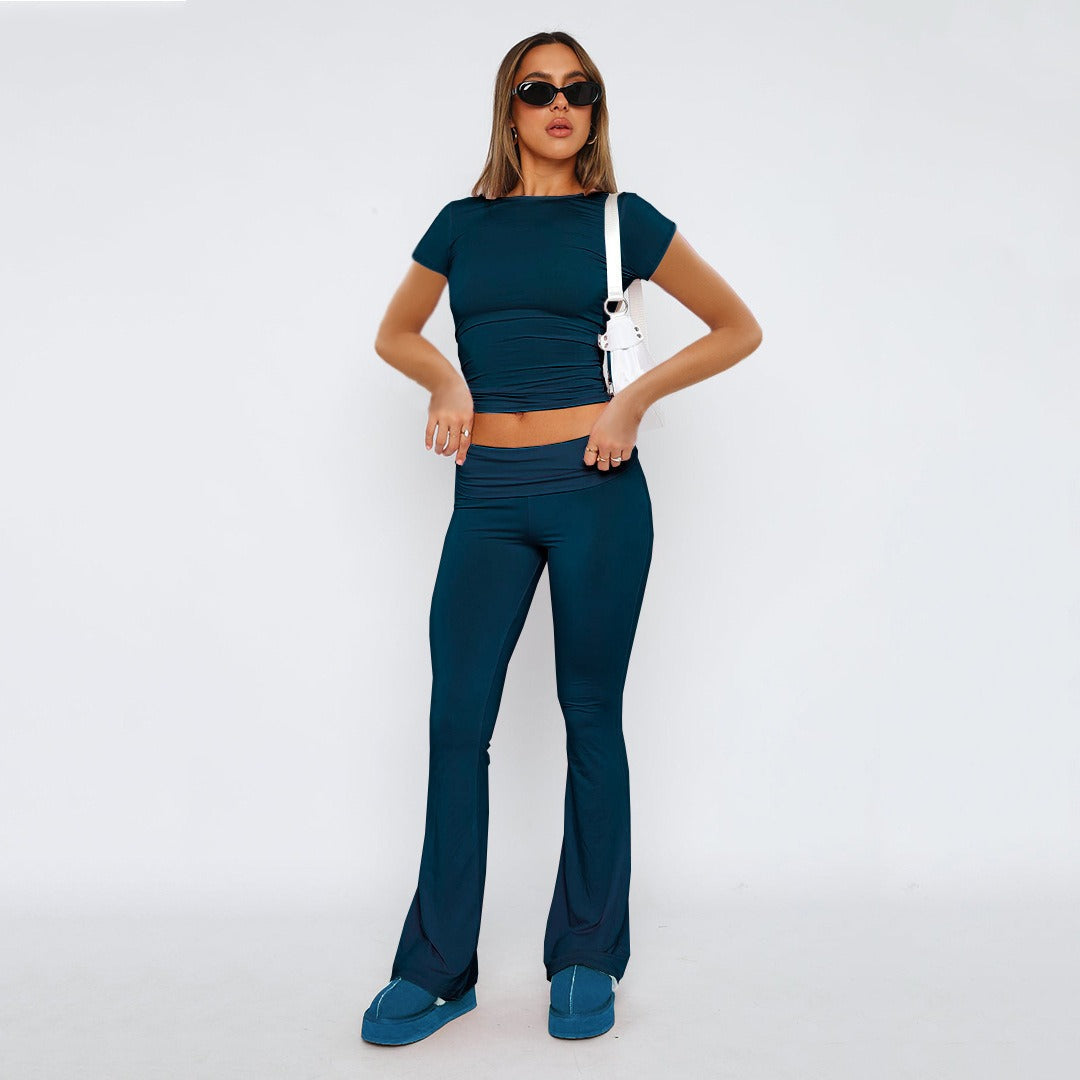New Fashion Solid Color Comfortable Slimming Low Waist Flare Pants Women's Set