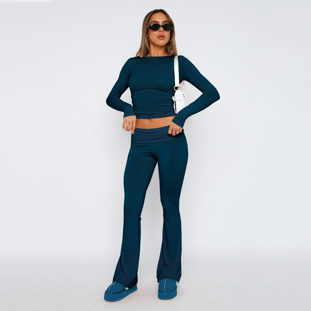 New Fashion Solid Color Comfortable Slimming Low Waist Flare Pants Women's Set