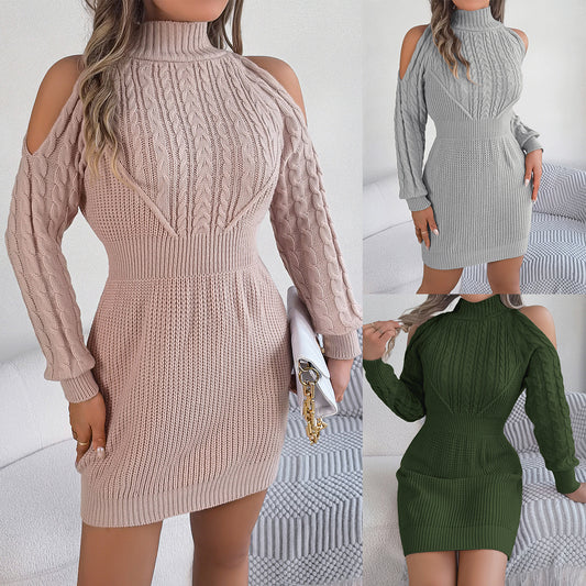 Women's autumn and winter casual off-shoulder half-high collar twisted lantern sleeve hip-wrapped sweater dress