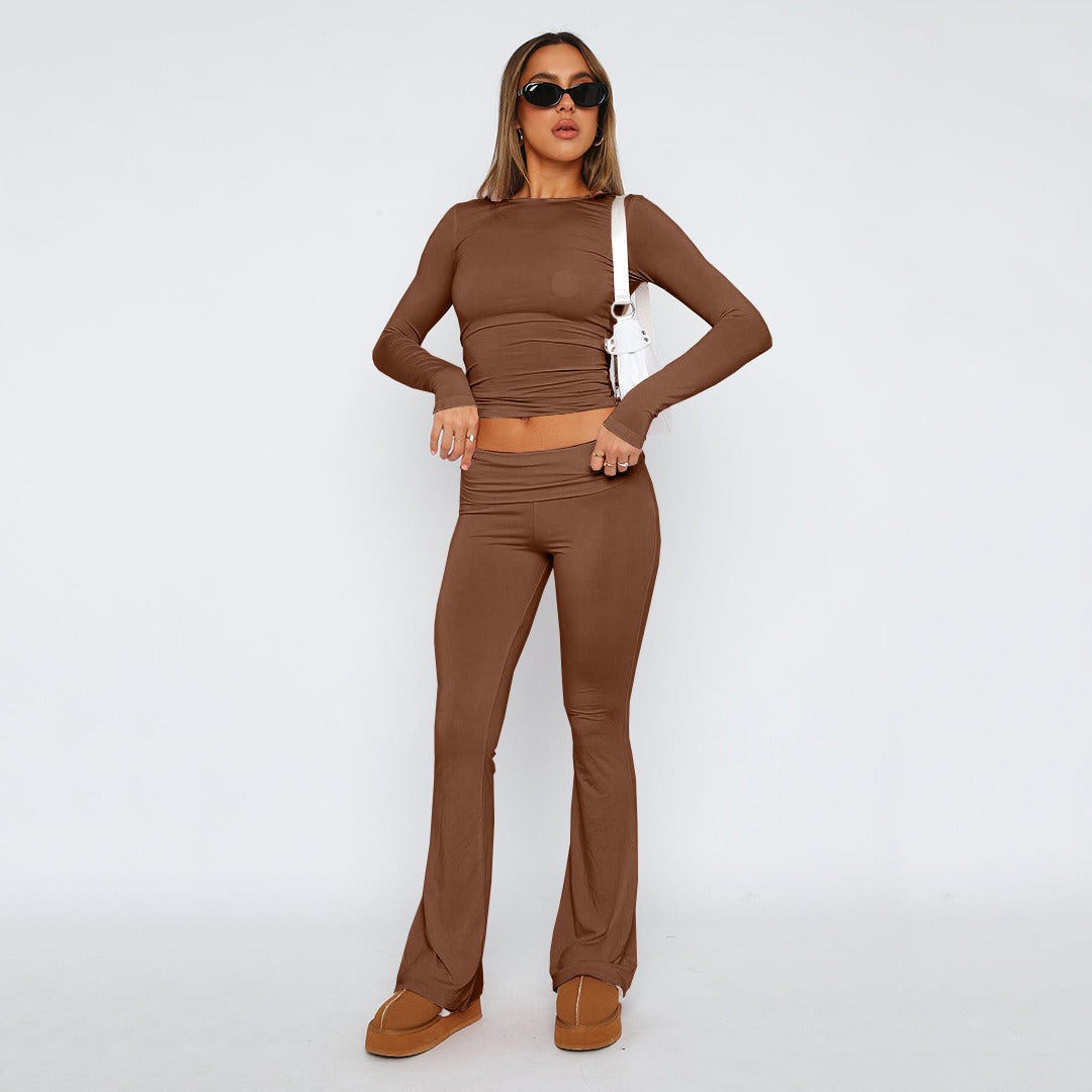 New Fashion Solid Color Comfortable Slimming Low Waist Flare Pants Women's Set