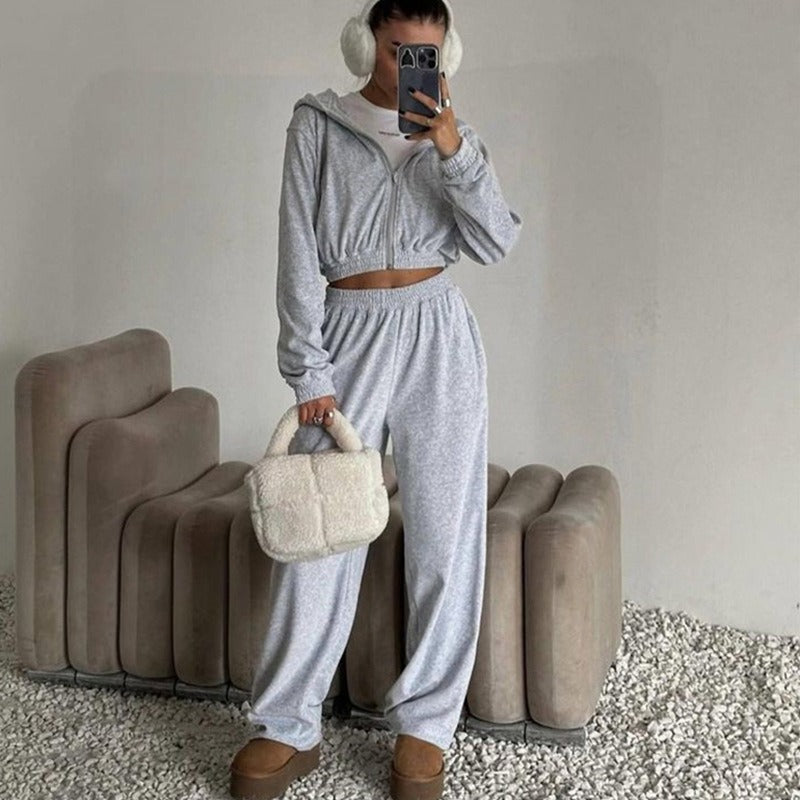 Leisure suit women's European and American street style long sleeved hooded cardigan, elastic long pants two-piece set