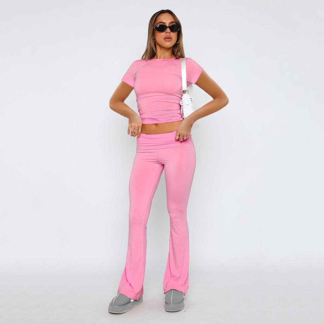 New Fashion Solid Color Comfortable Slimming Low Waist Flare Pants Women's Set