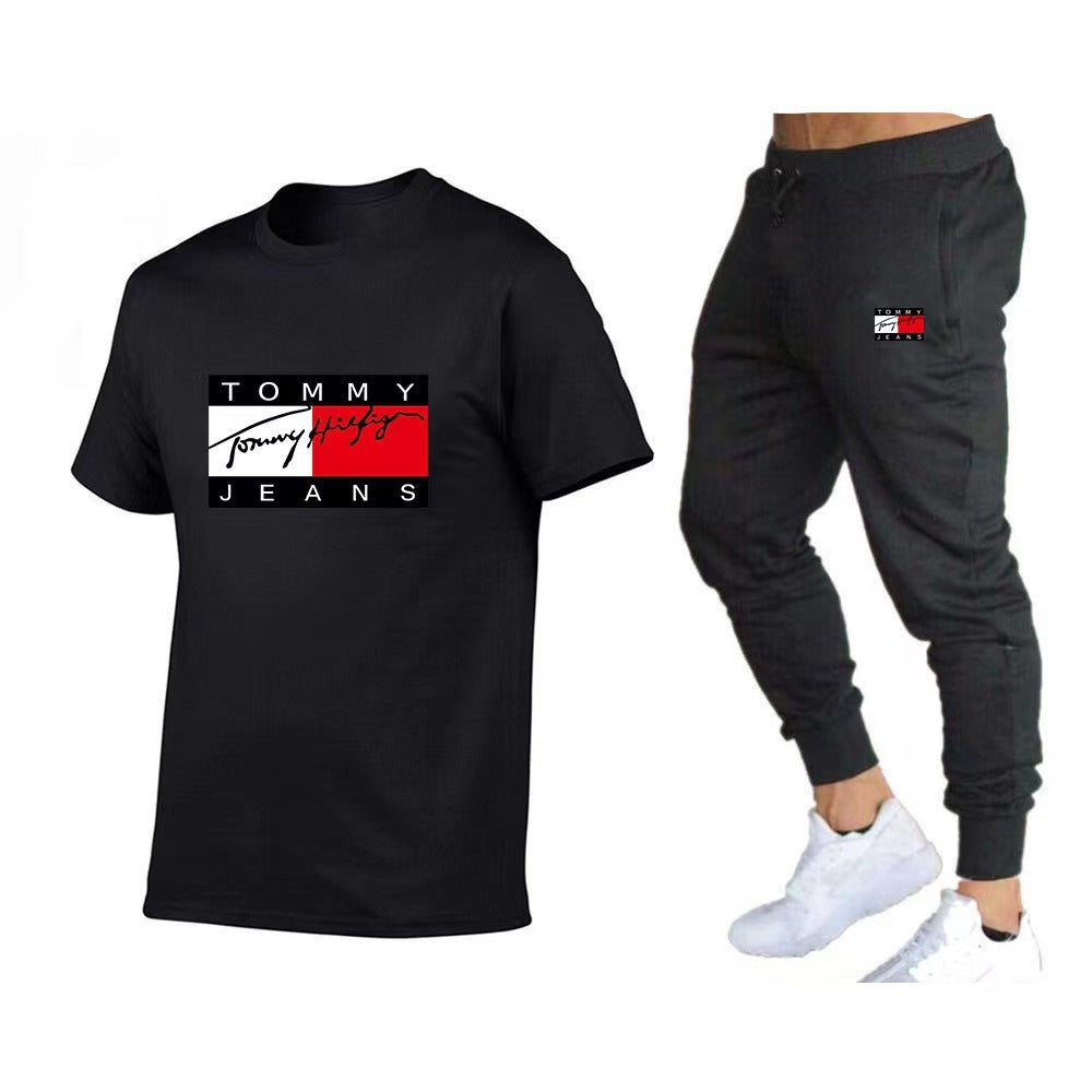 Trendy brand sports cotton T-shirt short sleeved set, running fitness unisex T-shirt set
