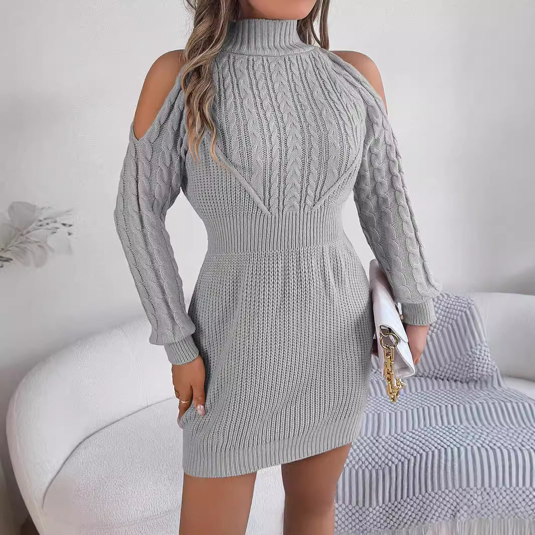 Women's autumn and winter casual off-shoulder half-high collar twisted lantern sleeve hip-wrapped sweater dress