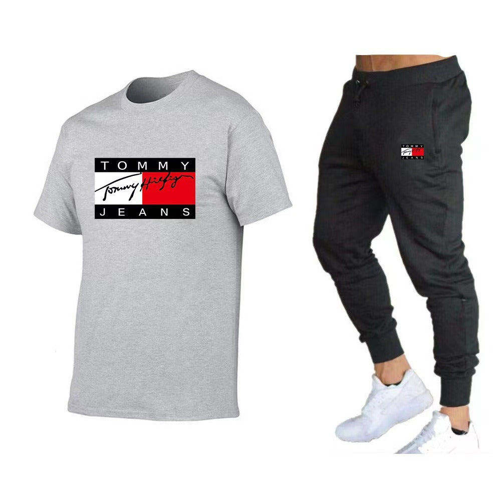 Trendy brand sports cotton T-shirt short sleeved set, running fitness unisex T-shirt set