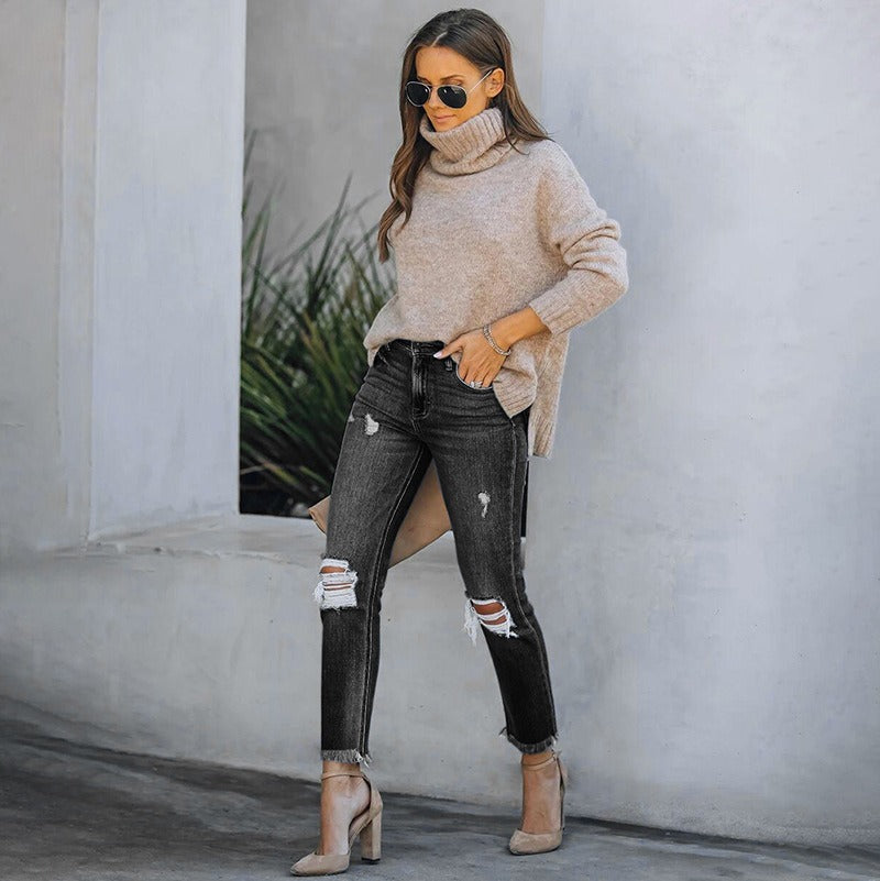 Jeans Woman Ripped Slim Fit Streetwear Casual High Waist Black Skinny Vintage Fashion Stretch Women's Pants