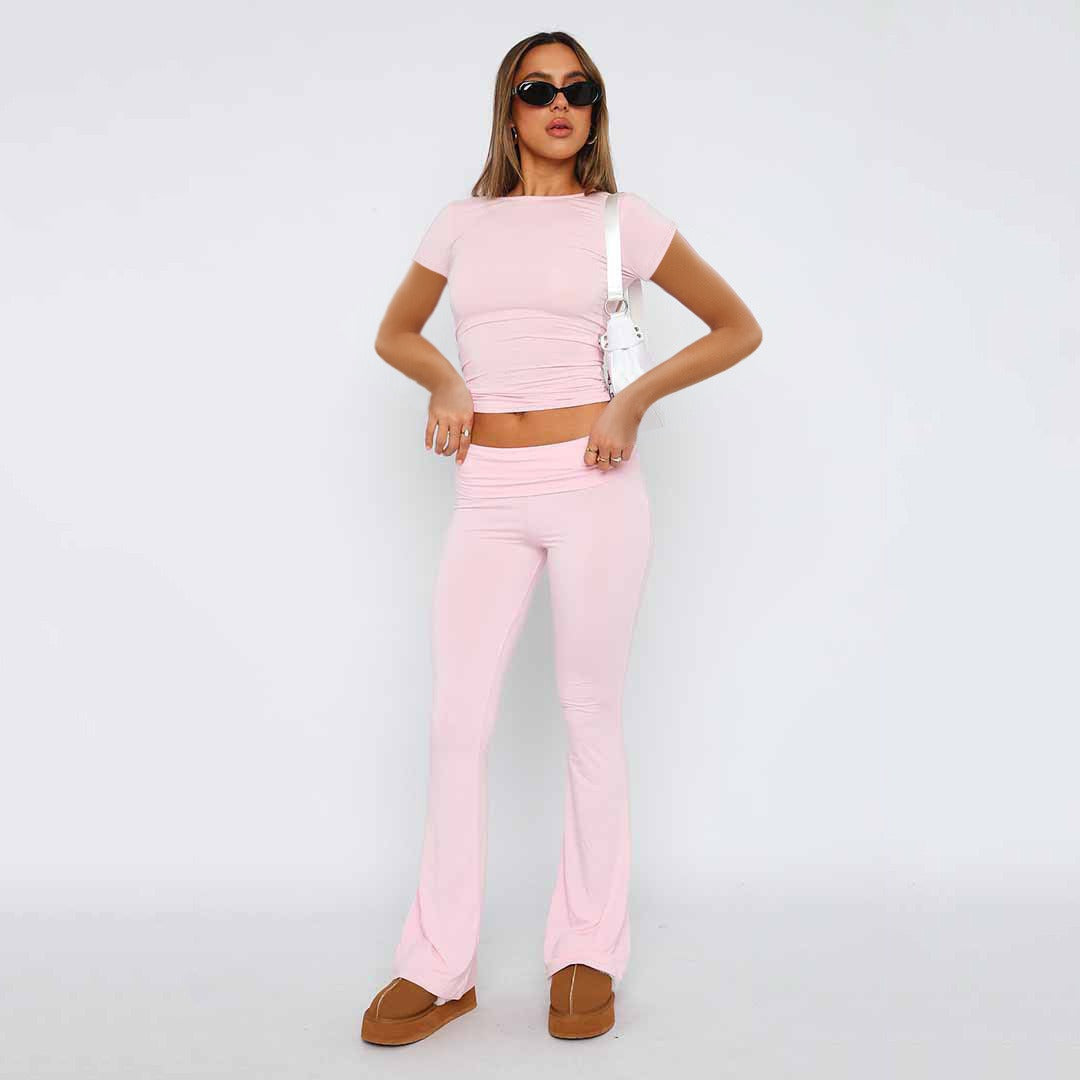 New Fashion Solid Color Comfortable Slimming Low Waist Flare Pants Women's Set