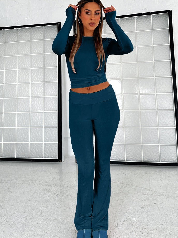 New Fashion Solid Color Comfortable Slimming Low Waist Flare Pants Women's Set