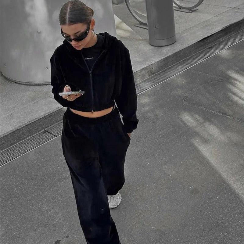 Leisure suit women's European and American street style long sleeved hooded cardigan, elastic long pants two-piece set
