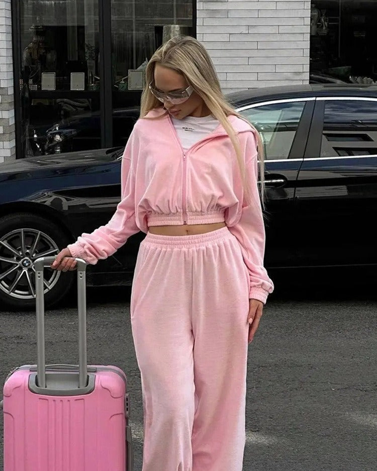 Leisure suit women's European and American street style long sleeved hooded cardigan, elastic long pants two-piece set