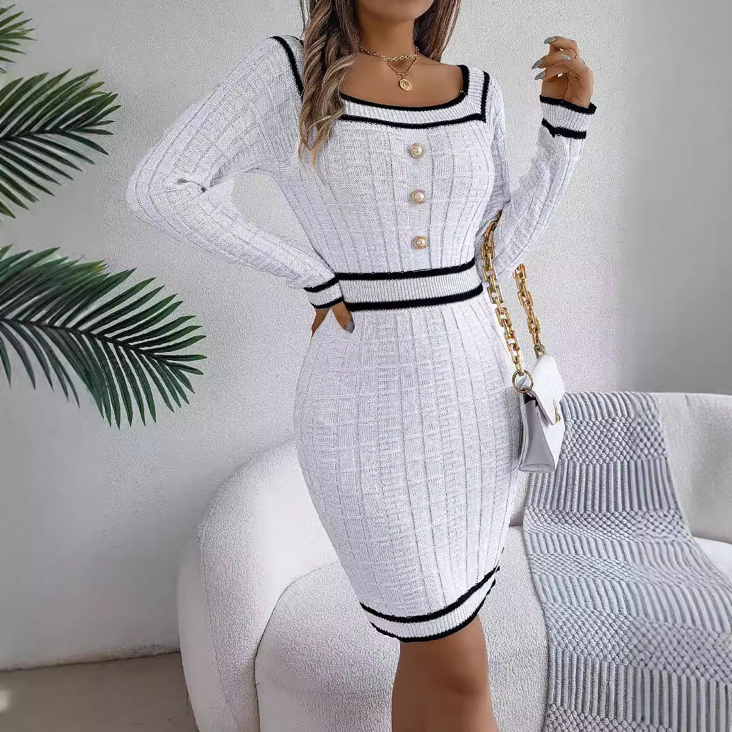 Women's autumn and winter European and American elegant square collar button long sleeve sweater hip dress