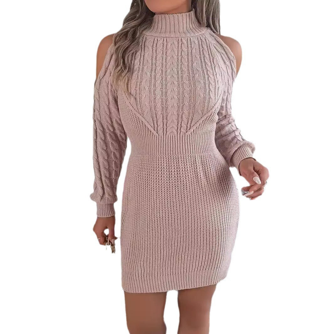 Women's autumn and winter casual off-shoulder half-high collar twisted lantern sleeve hip-wrapped sweater dress