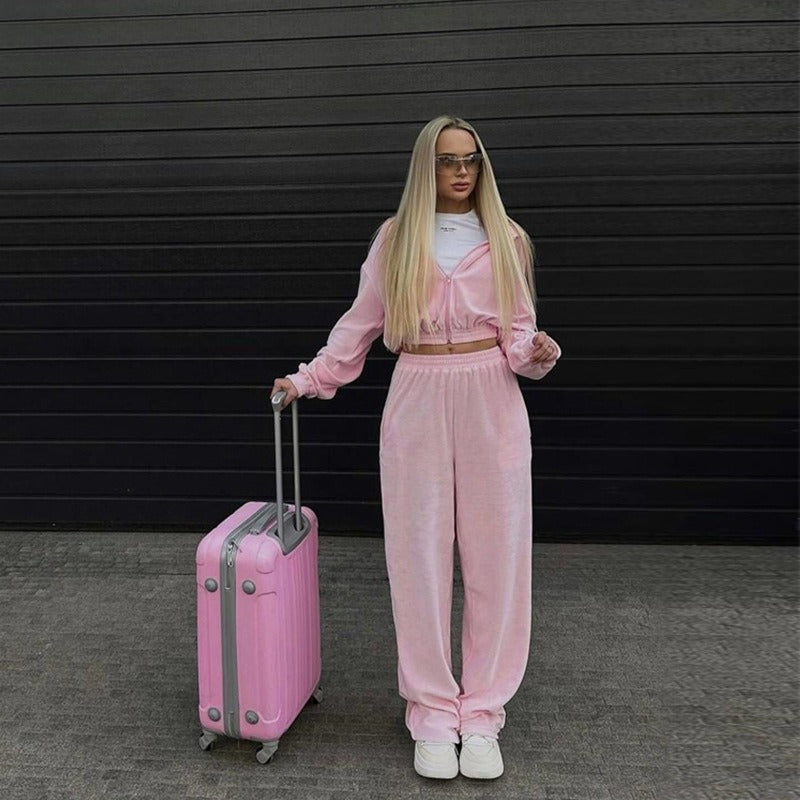 Leisure suit women's European and American street style long sleeved hooded cardigan, elastic long pants two-piece set