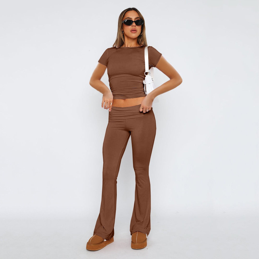 New Fashion Solid Color Comfortable Slimming Low Waist Flare Pants Women's Set