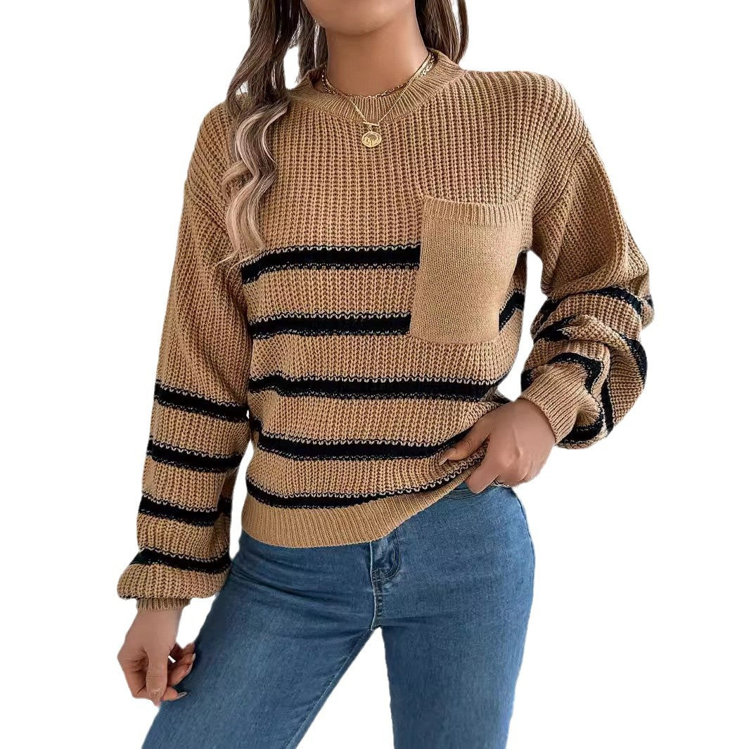 Women's autumn and winter casual contrast striped pocket lantern sleeve pullover sweater