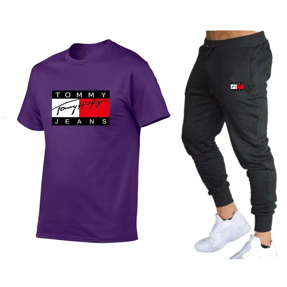 Trendy brand sports cotton T-shirt short sleeved set, running fitness unisex T-shirt set