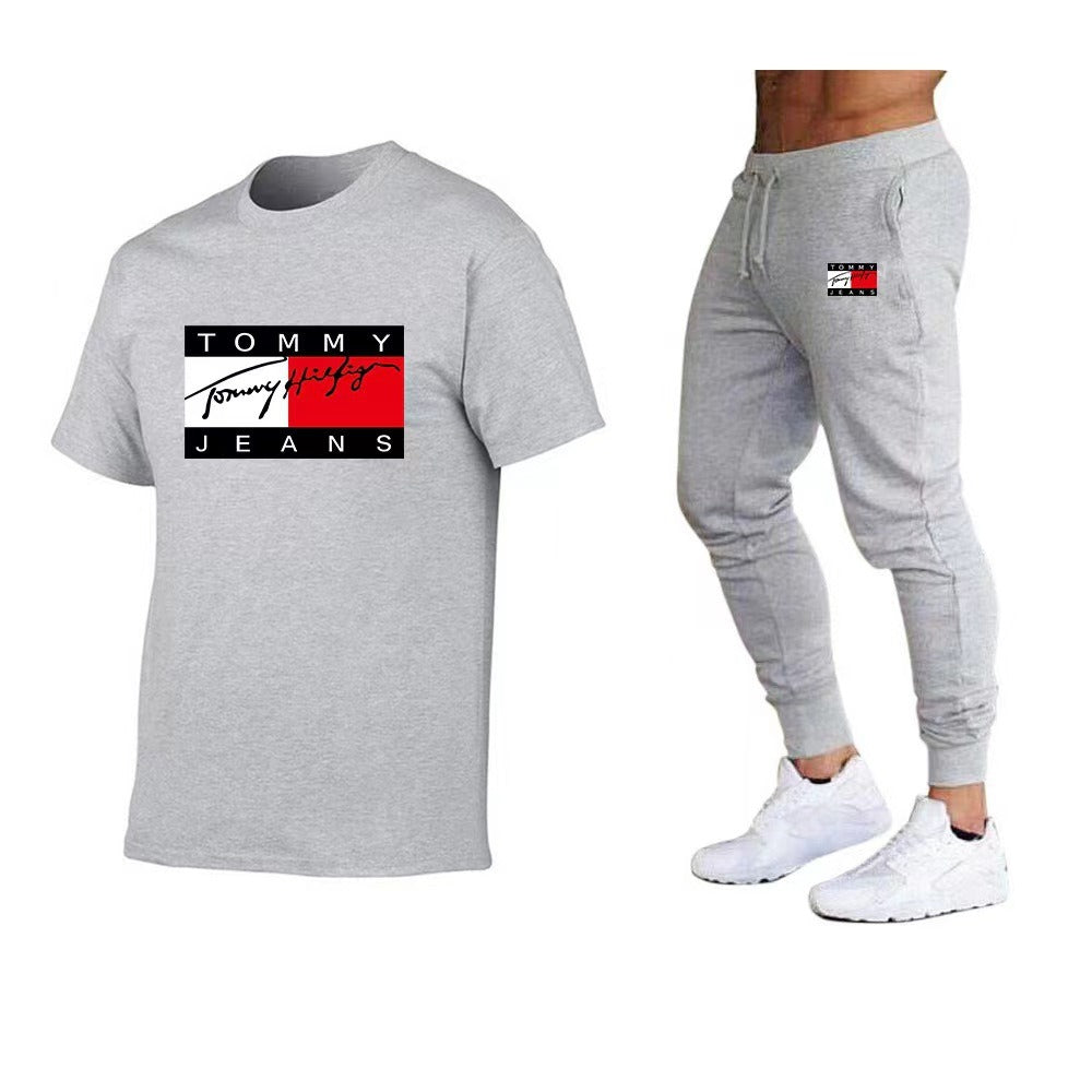 Trendy brand sports cotton T-shirt short sleeved set, running fitness unisex T-shirt set