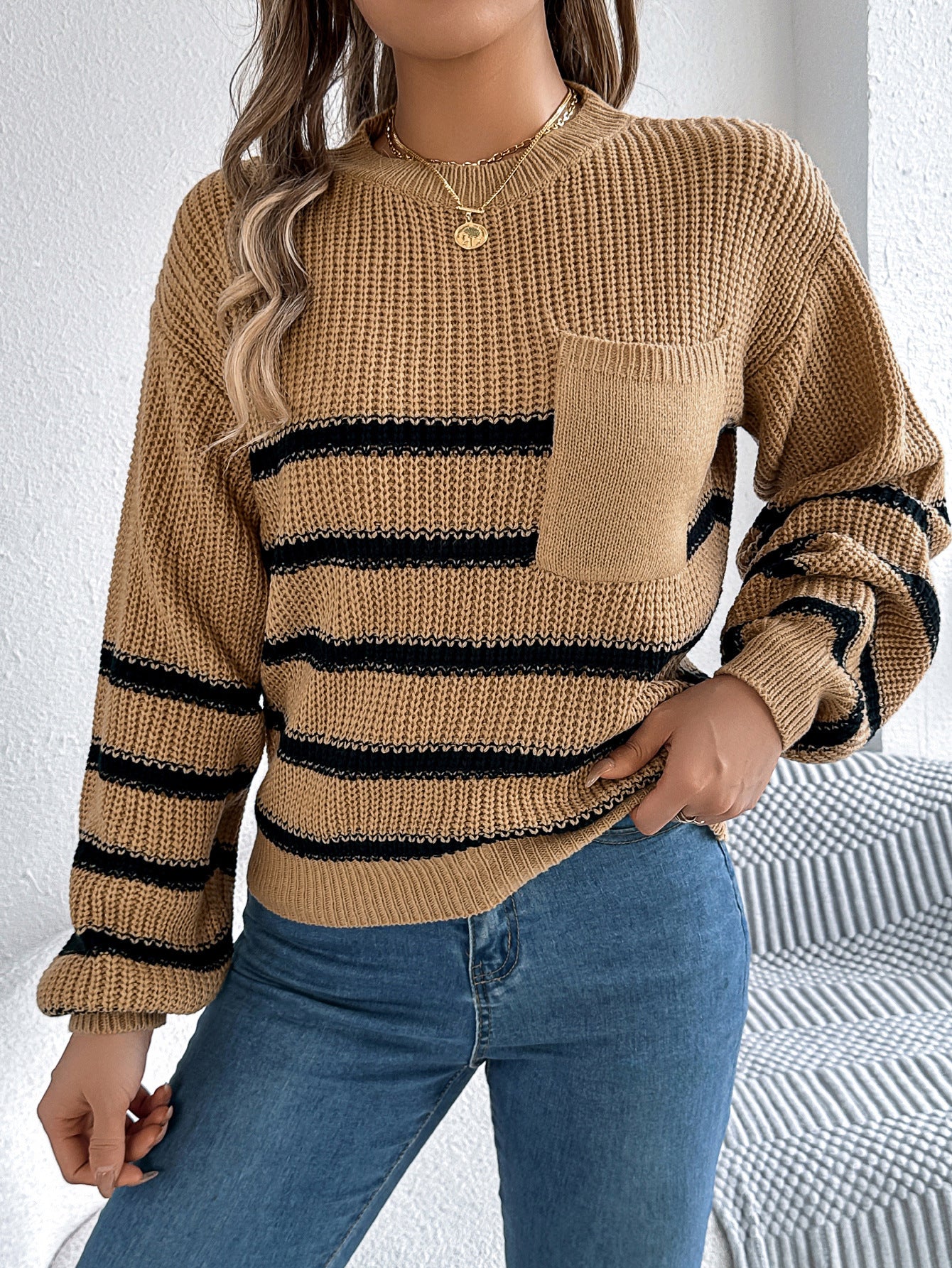Women's autumn and winter casual contrast striped pocket lantern sleeve pullover sweater