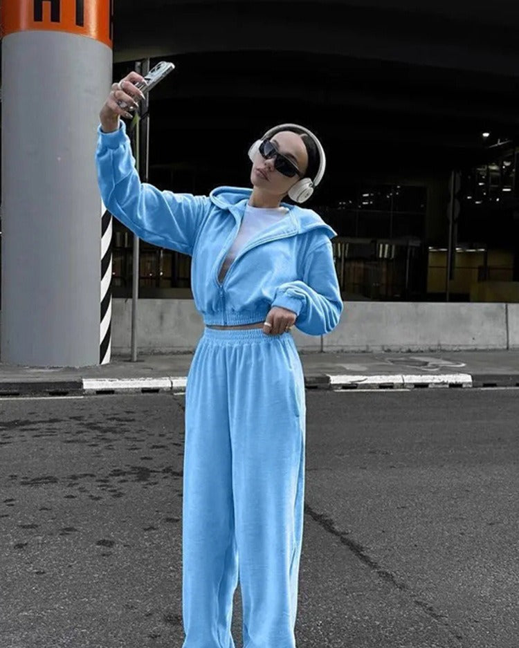 Leisure suit women's European and American street style long sleeved hooded cardigan, elastic long pants two-piece set