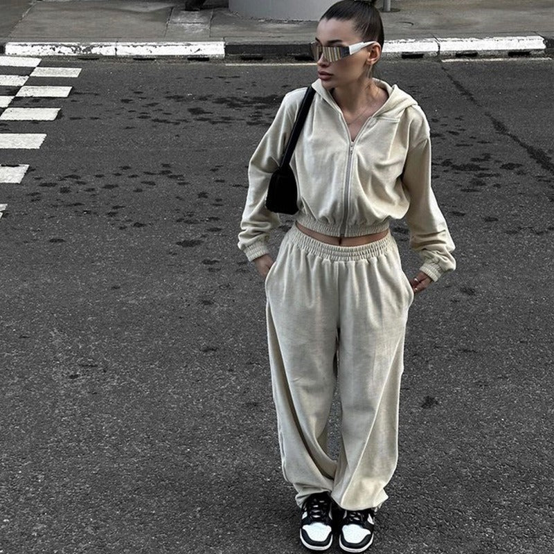 Leisure suit women's European and American street style long sleeved hooded cardigan, elastic long pants two-piece set