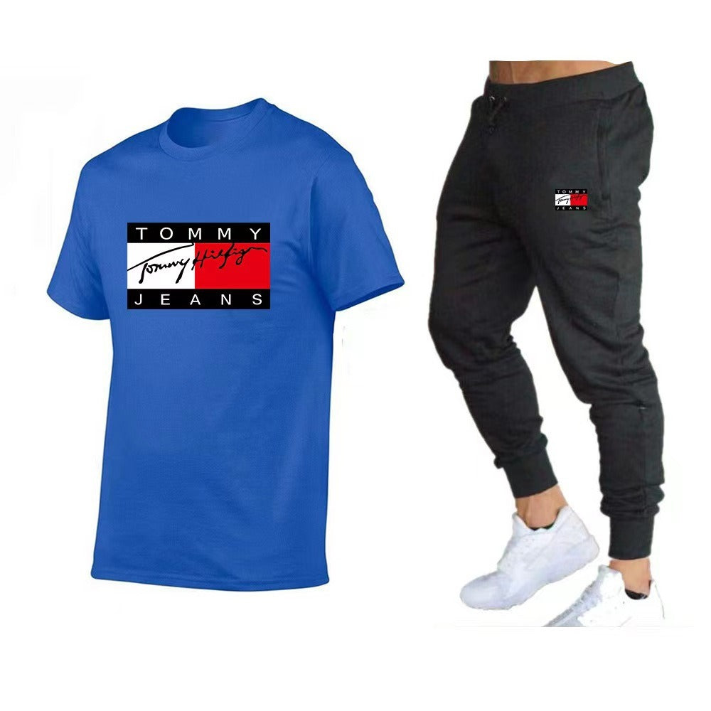 Trendy brand sports cotton T-shirt short sleeved set, running fitness unisex T-shirt set
