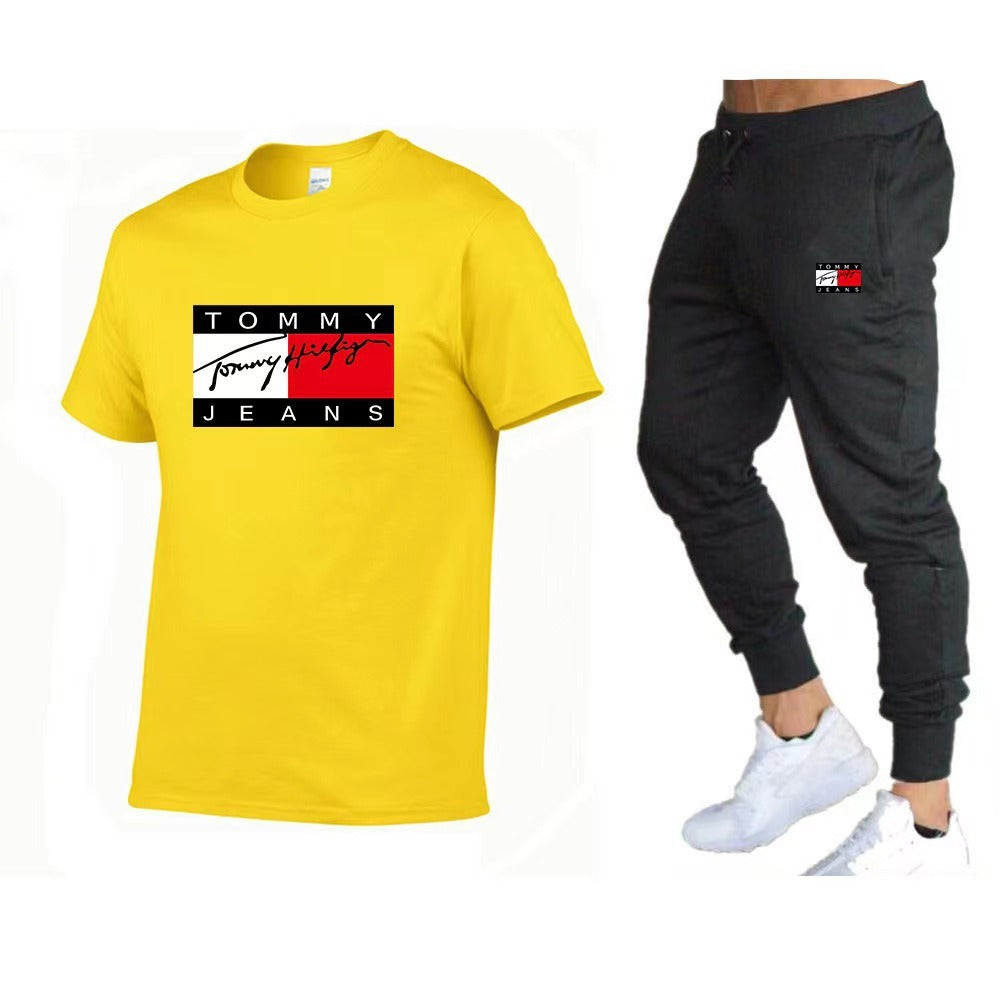 Trendy brand sports cotton T-shirt short sleeved set, running fitness unisex T-shirt set