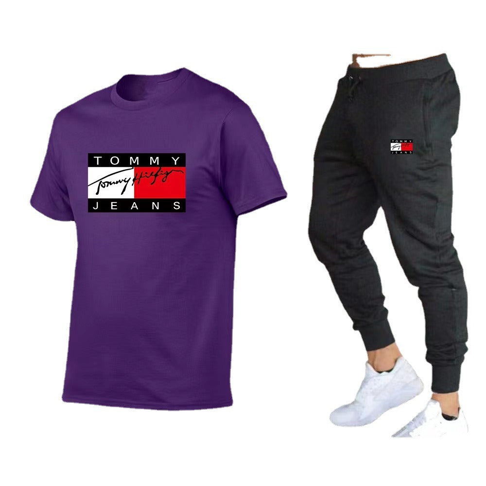 Trendy brand sports cotton T-shirt short sleeved set, running fitness unisex T-shirt set