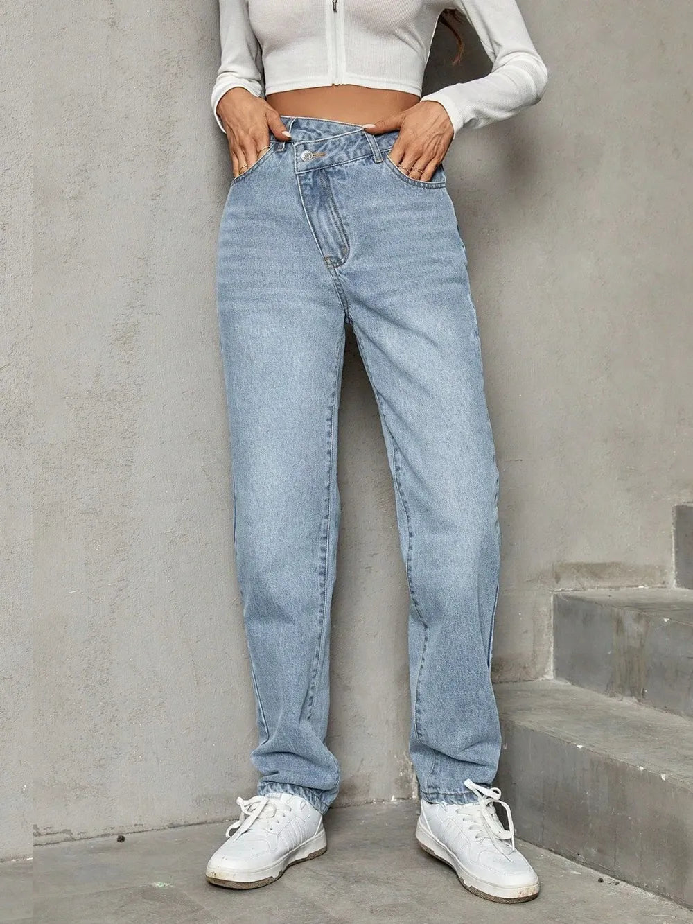 Fashionable trend slimming casual high waisted loose denim pants