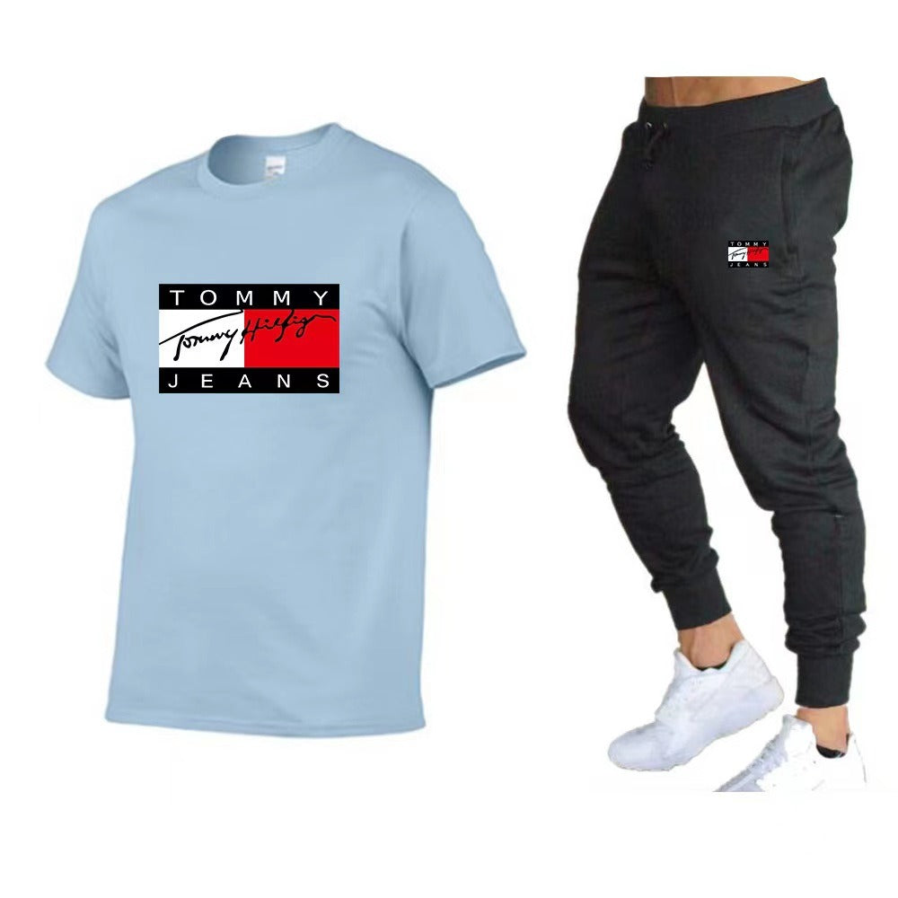 Trendy brand sports cotton T-shirt short sleeved set, running fitness unisex T-shirt set